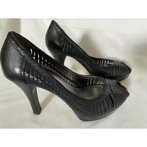 Black Platform Heels Size 7 by Guess Leather Peep Toe